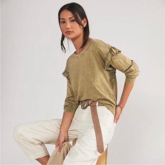 Anthropologie Pilcro Ruffled Open Back Tunic Tee Top Moss Green Womens Medium - Picture 3 of 14